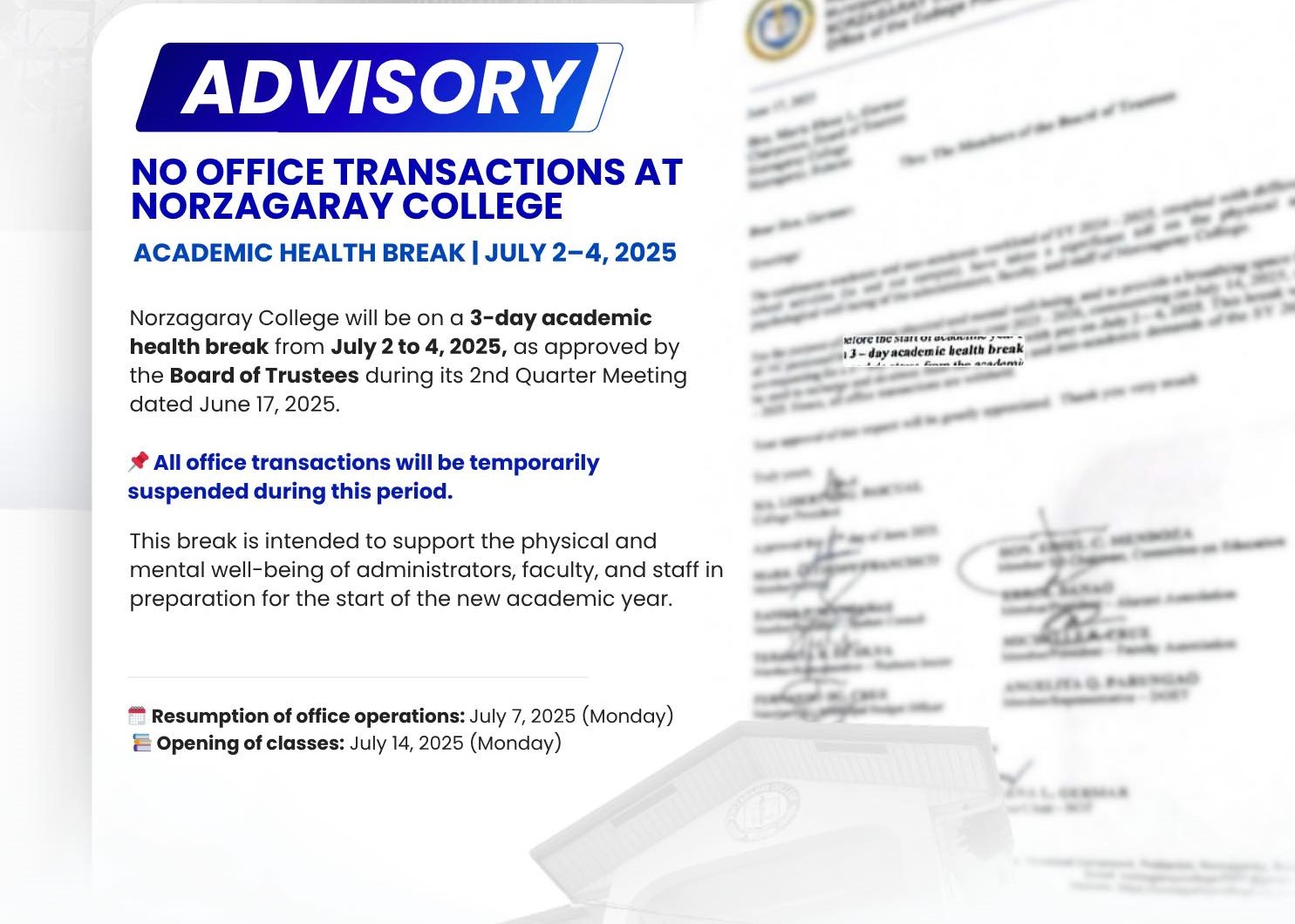 No Office Transactions at Norzagaray College
